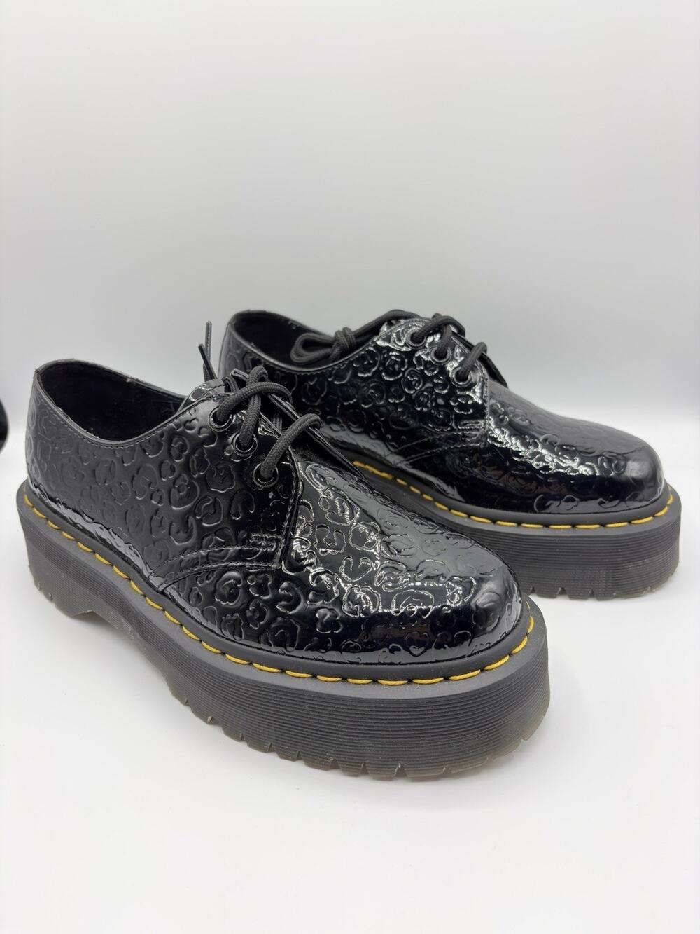 Dr. Martens Quad Leopard Emboss Patent Leather Platform Shoes Women Sz 8 NWOB